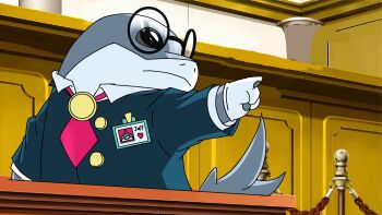 ace_attorney bespectacled blue_jacket character_name commentary courtroom creature creature_focus english_commentary formal_clothes glasses gloves highres jacket jeff_(marvel) marvel marvel_rivals meme necktie no_humans objection official_alternate_costume pocho22059768 pointing red_necktie round_eyewear shark suit white_gloves
