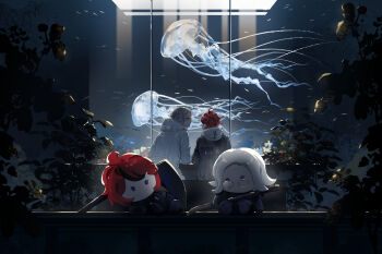 Rule 34 | 2boys, aotsuki eito, black hair, blue eyes, blue jacket, character doll, chinese commentary, commentary request, coryco, doll, glasses, grey hair, grey jacket, highres, hood, hood down, hooded jacket, jacket, jellyfish, last defense academy school uniform, long sleeves, male focus, multicolored hair, multicolored jacket, multiple boys, plant, red hair, school uniform, short hair, streaked hair, sumino takumi, the hundred line -last defense academy-, two-tone hair, two-tone jacket, white jacket