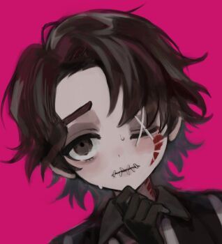 1boy 37mimi_aim black_gloves brown_eyes brown_hair gloves highres identity_v looking_at_viewer male_focus matthias_czernin one_eye_closed pink_background portrait scar scar_on_face scar_on_neck solo stitched_eye stitched_mouth stitches sweat wavy_hair