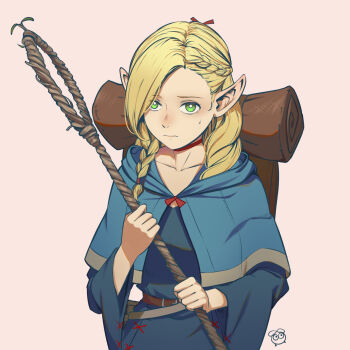 1girl artist_logo asymmetrical_bangs bag belt blonde_hair blue_capelet blue_dress braid bright_pupils brocollie brown_belt capelet choker closed_mouth collarbone commentary cowboy_shot dress dungeon_meshi elf forehead green_eyes half_up_braid highres holding holding_staff logo long_hair long_sleeves looking_at_viewer mage_staff marcille_donato pointy_ears red_choker simple_background solo staff sweat white_background white_pupils wide_sleeves