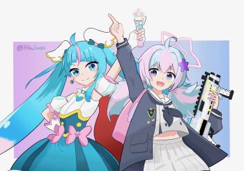 2girls :d absurdres ahoge arm_up armpits asymmetrical_bangs backpack bad_tag bag beads black_jacket black_neckerchief blue_archive blue_background blue_bow blue_dress blue_eyes blue_hair blush border bow brooch bullpup buttons cape closed_mouth commentary cowboy_shot crop_top crossover cure_sky cut_bangs detached_sleeves diagonal_bangs double-barreled_shotgun double-breasted double-parted_bangs dress dress_bow earrings fingerless_gloves gloves gradient_background gradient_hair grey_serafuku grey_shirt grey_skirt gun hair_beads hair_between_eyes hair_bow hair_ornament halo hand_on_own_hip highres hio_luca hirogaru_sky!_precure holding holding_gun holding_weapon index_finger_raised jacket jewelry long_hair long_sleeves looking_at_viewer magical_girl medium_dress midriff multicolored_hair multiple_girls navel neckerchief open_clothes open_jacket open_mouth outside_border pink_background pink_bag pink_bow pink_hair pink_halo pocket precure puffy_detached_sleeves puffy_sleeves purple_eyes red_cape reisa_(blue_archive) sailor_collar sailor_shirt school_uniform serafuku shirt shotgun single_bare_shoulder single_earring single_hair_streak single_sidelock skirt sky_mirage sleeveless sleeveless_dress smile smiley_face sora_harewataru split_mouth standard_manufacturing_dp-12 star_(symbol) star_hair_ornament star_halo streaked_hair twintails twitter_username two-tone_background two-tone_dress two-tone_hair very_long_hair weapon white_border white_dress white_gloves white_sailor_collar wing_brooch wing_hair_ornament