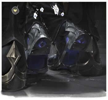 2boys absurdres border commentary flins_(genshin_impact) genshin_impact heart highres implied_sex lower_body male_focus multiple_boys shoe_soles shoes spoken_heart standing suggestive_fluid trembling twitter_username varka_(genshin_impact) vyqi white_border yaoi