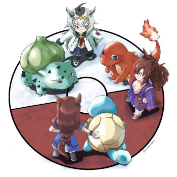 3girls ahoge animal_ears black_pantyhose blue_dress blue_eyes blue_sailor_collar blue_skirt boots braid braided_ponytail breasts brooch brown_hair bulbasaur charmander chest_sarashi cleavage closed_mouth commentary_request derivative_work dress ear_ornament fire flame-tipped_tail fox_mask gen_1_pokemon green_eyes grey_hair grey_tail hair_between_eyes hairband highres horse_ears horse_girl horse_tail inari_one_(inari_yukari_edomurasaki)_(umamusume) inari_one_(umamusume) jacket japanese_clothes jewelry kimono kouhaku_nawa large_breasts long_hair long_sleeves mask mask_on_head multicolored_hair multiple_girls neckerchief nintendo oguri_cap_(starlight_beat)_(umamusume) oguri_cap_(umamusume) pantyhose parody pleated_skirt pokemon pokemon_(creature) pokemon_red/green/blue/yellow purple_kimono red_eyes red_neckerchief rope sailor_collar sarashi shimenawa shirt skirt smile squirtle star_brooch super_creek_(murmuring_stream)_(umamusume) super_creek_(umamusume) tail twintails umamusume very_long_hair white_boots white_jacket white_shirt yadon_master
