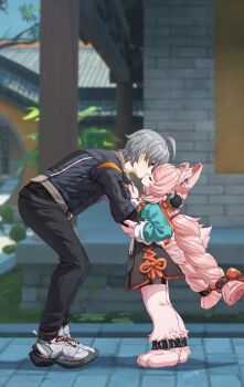 1boy 1girl absurdres ahoge animal_ear_fluff animal_ear_piercing animal_ears animal_feet anklet black_pants blue_jacket blurry blurry_background braid braided_twintails branch closed_eyes commentary english_commentary from_above full_body furry furry_female furry_with_non-furry green_shirt grey_hair hand_on_another's_arm hetero highres interspecies jacket jewelry kiss leaning_forward long_hair looking_at_another luizhtx outdoors pants pink_fur pink_hair rabbit_ears rabbit_girl rabbit_tail shadow shirt shoes short_hair tail tree twitter_username white_shoes wise_(zenless_zone_zero) zenless_zone_zero zhao_(zenless_zone_zero)