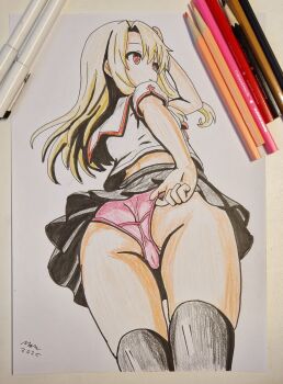 1girl adjusting_clothes adjusting_panties art_tools_in_frame ass black_skirt black_thighhighs blonde_hair cameltoe colored_pencil crotch_seam dated fate/kaleid_liner_prisma_illya fate_(series) from_behind from_below hand_up highres homurabara_academy_elementary_school_uniform illyasviel_von_einzbern kaschmatz long_hair miniskirt panties pencil photo_(medium) pink_panties pleated_skirt red_eyes sailor_collar school_uniform shirt short_sleeves signature skirt solo standing thighhighs thighs traditional_media underwear upskirt white_sailor_collar white_shirt