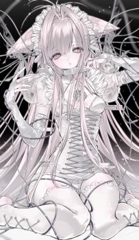 1girl adjusting_clothes animal_ears antenna_hair arm_belt belt black_background breasts bridal_gauntlets bridal_legwear cleavage_cutout clothing_cutout collar cross-laced_clothes cross-laced_top drowsyww eyelashes frilled_hairband frills gloves hair_intakes hairband hands_up highres long_hair original parted_lips puffy_short_sleeves puffy_sleeves see-through_clothes see-through_sleeves short_shorts short_sleeves shorts simple_background sitting small_breasts solo thighhighs very_long_hair wariza watermark white_belt white_collar white_eyes white_gloves white_hair white_shorts white_theme white_thighhighs wire