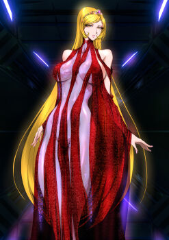 Rule 34 | 1girl, absurdres, bare shoulders, blonde hair, breasts, crown, dress, ginga tetsudou 999, highres, impossible clothes, large breasts, long hair, maetel, red dress, see-through clothes, very long hair, yuri ai