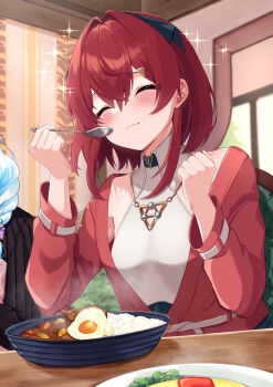 Rule 34 | 2girls, :t, ^ ^, absurdres, ange katrina, ange katrina (summer casual), baby mn9, belt, black ribbon, blurry, blurry background, blush, bowl, breasts, chair, closed eyes, closed mouth, collared halterneck, collared shirt, commentary request, crossed bangs, curry, curry rice, dated commentary, eating, food, food on face, fried egg, gold necklace, hair between eyes, hair intakes, hair ornament, hair ribbon, halter shirt, halterneck, hands up, happy, highres, holding, holding spoon, indoors, jacket, jewelry, lips, lize helesta, lize helesta (5th costume), long bangs, long hair, long sleeves, multiple girls, necklace, nijisanji, on chair, open clothes, open jacket, out of frame, raised inner eyebrows, red hair, red jacket, ribbon, rice, rice on face, shirt, sitting, small breasts, solo focus, sparkle, spoon, table, triangle hair ornament, upper body, virtual youtuber, white belt, white shirt, wooden table