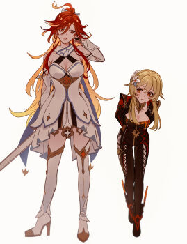 2girls absurdres ahoge biker_clothes bikesuit black_bodysuit blonde_hair blush bodysuit boots breasts cleavage cosplay costume_switch dress flower genshin_impact hair_between_eyes hair_flower hair_ornament high_heels highres holding holding_sword holding_weapon if0208 large_breasts long_hair long_sleeves looking_at_another lumine_(genshin_impact) lumine_(genshin_impact)_(cosplay) mavuika_(genshin_impact) mavuika_(genshin_impact)_(cosplay) multicolored_flower multicolored_hair multiple_girls orange_eyes orange_hair red_eyes red_hair scarf short_hair_with_long_locks simple_background standing sword symbol-shaped_pupils thigh_boots two-tone_hair weapon white_background white_dress white_flower white_scarf yellow_eyes