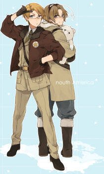 2boys ahoge america_(hetalia) animal animal_nose axis_powers_hetalia back-to-back baggy_pants bear beard_stubble belt black_belt black_gloves black_shoes blonde_hair blue_background blue_eyes blue_pants boots brown-framed_eyewear brown_boots brown_coat brown_hair brown_jacket brown_pants canada_(hetalia) checkered_background closed_mouth coat collared_shirt english_text facial_hair from_behind full_body fur-trimmed_hood fur-trimmed_jacket fur_trim glasses gloves goggles goggles_on_head green_necktie hand_in_pocket hand_up highres hita_(hitapita) holding holding_animal hood hooded_coat jacket lapels long_sleeves looking_at_viewer looking_back male_focus map military_jacket military_uniform multiple_boys necktie non-web_source open_clothes open_jacket open_mouth pants pocket polar_bear puffy_long_sleeves puffy_sleeves purple_eyes semi-rimless_eyewear shirt shoes short_hair smile standing star_(symbol) star_print star_symbol_background stubble white_fur white_shirt world_map