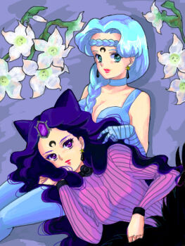 Rule 34 | 1990s (style), 2girls, bad id, bad pixiv id, beruche (sailor moon), bishoujo senshi sailor moon, bishoujo senshi sailor moon r, black hair, black moon clan, blue hair, blue legwear, braid, choker, crescent, crescent facial mark, earrings, facial mark, flower, forehead mark, gloves, hair over shoulder, jewelry, koan (sailor moon), lily (flower), long hair, lying, moon, multiple girls, nrets, purple eyes, retro artstyle, serious, thighhighs