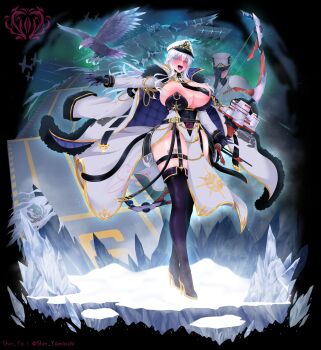 2girls absurdres alternate_costume angry areola_slip azur_lane barcode bird blush boots breasts claws cleavage corruption eagle emblem enterprise_(azur_lane) fur_trim glacier gloves hair_between_eyes hat highres huge_breasts ice insignia jacket jacket_on_shoulders knee_boots lipstick long_hair looking_at_viewer makeup military military_hat military_uniform multiple_girls netorare night northern_parliament_(emblem) pubic_tattoo purple_eyes reference_sheet shin_yamiochi sky smile snow tattoo thick_thighs thighhighs thighs valentina_(nuclear-il2) white_hair wide_hips