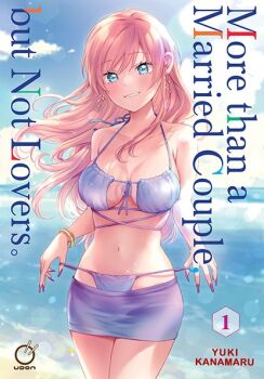 Rule 34 | 1girl, artist name, beach, bikini, bikini skirt, blue eyes, blue sky, bracelet, breasts, commentary, copyright name, cover, cover page, cowboy shot, earrings, front-tie bikini top, front-tie top, fuufu ijou koibito miman., grin, jewelry, kanamaru yuuki, large breasts, long hair, looking at viewer, navel, ocean, official art, pink hair, purple bikini, purple nails, sky, smile, solo, standing, stomach, strap pull, swimsuit, udon entertainment, watanabe akari