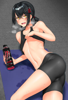 1boy absurdres alternate_costume ass bike_shorts black_hair black_shorts black_tank_top blush bottle breath bulge clothes_lift collarbone crotch_seam dripping earrings energy_drink exercising fangs fingernails hair_between_eyes hair_ornament hairclip hand_up highres holding holding_bottle indoors jewelry jitome karasu_(jjwh2832) lifting_own_clothes looking_at_viewer lying male_focus mashiro_meme monster_energy nail_polish navel nijisanji nipples on_floor on_side open_mouth ponytail red_nails safety_pin shiny_clothes shirt_lift short_hair short_ponytail short_shorts shorts sidelocks solo stud_earrings sweat tank_top trap virtual_youtuber yellow_eyes