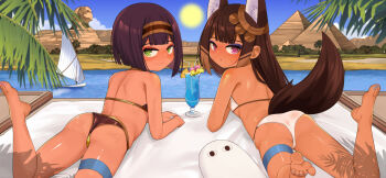 2girls ancient_egyptian anubis_(surio) ass astarte_(surio) bare_arms bare_back bare_legs barefoot bikini blue_sky blunt_bangs breasts brown_bikini brown_hair brown_tail chinese_commentary closed_mouth commentary_request cup dark-skinned_female dark_skin day drink drinking_straw egypt great_sphinx_of_giza green_eyes highres looking_at_viewer looking_back lying medjed_(surio) multiple_girls on_stomach original outdoors palm_tree protected_link purple_eyes pyramid_(structure) river ship sky small_breasts sun surio swimsuit tree watercraft