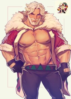1boy abs absurdres bara beard blue_eyes clothes_pull coat connected_beard cookie_run eggnog_cookie facial_hair fingerless_gloves fur-trimmed_coat fur-trimmed_sleeves fur_trim gloves highres holo_eden large_pectorals muscular muscular_male nipples open_clothes open_shirt pants pants_pull pectorals simple_background white_hair