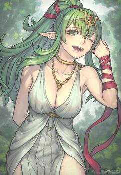 1girl ;d alternate_costume arm_behind_back armpits artist_name bare_shoulders blush breasts cleavage commentary dress fire_emblem fire_emblem_awakening gofelem green_eyes green_hair hair_ornament jewelry large_breasts long_hair looking_at_viewer necklace nintendo one_eye_closed open_mouth pointy_ears ponytail sideboob sidelocks sleeveless sleeveless_dress smile solo thighs tiki_(adult)_(fire_emblem) tiki_(fire_emblem)