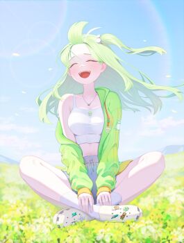 1girl :d ^_^ ankle_socks artist_request bangs_pinned_back blue_sky breasts camisole closed_eyes cloud commentary_request crop_top day field floating_hair forehead full_body green_hair green_jacket grey_shorts happy highres indian_style jacket jewelry korean_commentary large_breasts lens_flare long_hair long_sleeves midriff navel necklace one_side_up open_clothes open_jacket open_mouth outdoors second-party_source shoes short_shorts shorts single_off_shoulder sitting sky smile socks solo speech_bubble stellive straight_hair virtual_youtuber white_camisole white_shoes white_socks yuzuha_riko