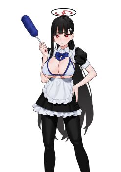 1girl absurdres apron bikini black_dress black_hair black_pantyhose blue_archive breasts breasts_out closed_mouth commentary_request cowboy_shot cutout dress fffukuzawa hair_ornament halo highres holding large_breasts long_hair looking_at_viewer maid maid_apron pantyhose ponytail puffy_short_sleeves puffy_sleeves red_eyes rio_(blue_archive) short_sleeves solo standing swimsuit white_bikini