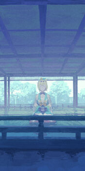 Rule 34 | 1girl, absurdres, blonde hair, bow, closed eyes, commentary request, hair ornament, highres, hololive, japanese clothes, kazama iroha, kazama iroha (1st costume), kimono, long sleeves, lotus position, meditation, shiloroshi, sitting, solo, virtual youtuber, wide sleeves