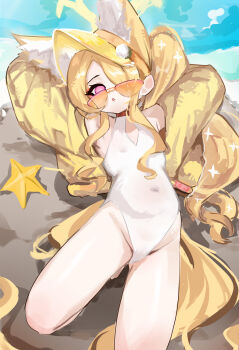 above-cleavage_cutout absurdres animal_ear_fluff animal_ears arms_behind_head arms_up blonde_hair blue_archive clothing_cutout covered_navel cross_halo diamond_cutout dot_nose extra_ears facial_mark flat_chest fox_ears fox_girl fox_tail gluteal_fold hair_over_one_eye halo highleg highleg_one-piece_swimsuit highres jacket loli long_hair long_sidelocks long_sleeves looking_at_viewer luoluo233 lying off_shoulder official_alternate_costume official_alternate_hairstyle on_back on_rock one-piece_swimsuit one_eye_covered open_clothes open_jacket open_mouth orange-tinted_eyewear purple_eyes seia_(blue_archive) seia_(swimsuit)_(blue_archive) side_ponytail sidelocks star_(symbol) star_facial_mark sunglasses swimsuit tail thighs tinted_eyewear very_long_hair very_long_tail visor_cap water white_one-piece_swimsuit yellow_halo yellow_jacket yellow_visor