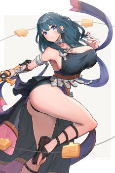1girl absurdres alternate_costume ancient_greek_clothes armlet armpits ass bare_shoulders black_dress black_panties blue_eyes blue_hair blush bracelet breasts choker choker_jewel cleavage closed_mouth dancer dancer_(fire_emblem:_three_houses) dancing dress female_byleth_(fire_emblem) fire_emblem fire_emblem:_three_houses gem gonzarez greco-roman_clothes green_hair hair_between_eyes highres holding holding_sword holding_weapon jewelry large_breasts long_hair looking_at_viewer medium_hair nintendo panties platform_sandals sandals simple_background single-shoulder_dress solo sword sword_of_the_creator thong underwear upskirt weapon white_background