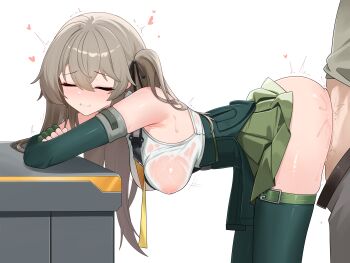 1boy 1girl absurdres bent_over blush brown_hair clenched_teeth closed_eyes commentary english_commentary girls'_frontline girls'_frontline_2:_exilium green_skirt hetero highres lainie_(girls'_frontline_2) long_hair nabiyan paid_reward_available sex sex_from_behind simple_background skirt star-shaped_pupils star_(symbol) sweat symbol-shaped_pupils teeth ump40_(girls'_frontline) wet wet_clothes white_background