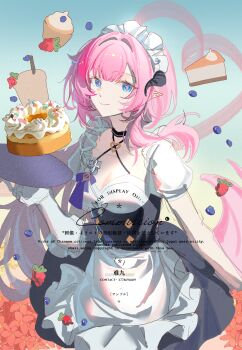 1girl absurdres apron black_dress black_horns blue_eyes breasts buchuhutaobugaiming cake cake_slice cleavage commentary commentary_request commission cupcake dress elf elysia_(honkai_impact) elysia_(miss_pink)_(honkai_impact) elysia_(miss_pink_elf)_(honkai_impact) fake_horns food gloves highres holding holding_plate honkai_(series) honkai_impact_3rd horns large_breasts long_hair looking_at_viewer maid maid_apron maid_headdress official_alternate_costume pink_hair plate pointy_ears smile solo very_long_hair white_apron white_gloves