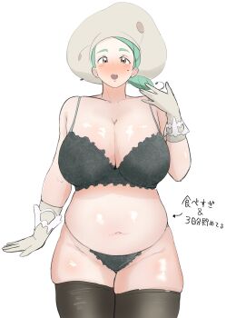 1girl belly black_bra black_panties black_thighhighs blush bra breasts brown_eyes chef_hat cleavage dyson00 fanning_self gloves green_hair hat katy_(pokemon) lace lace_panties large_breasts lingerie mature_female mole mole_under_eye navel nintendo open_mouth panties plump pokemon pokemon_sv shiny_skin skindentation solo standing thick_thighs thighhighs thighs underwear white_background white_hat