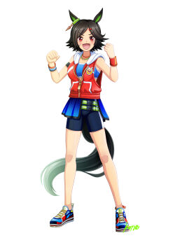 1girl absurdres animal_ears bandaid bandaid_on_cheek bandaid_on_face bandeau black_hair black_shorts blue_bandeau blue_sports_bra blush breasts brown_hair commentary_request full_body hair_between_eyes hair_ornament hairclip highres hood hoodie horse_ears horse_girl horse_tail jacket konsu_(konsu1182da) low-cut_armhole open_mouth overskirt red_eyes red_jacket shoes short_hair shorts simple_background sleeveless sleeveless_hoodie sleeveless_jacket smile solo sports_bra swept_bangs tail umamusume white_background winning_ticket_(get_to_winning!)_(umamusume) winning_ticket_(umamusume) wristband