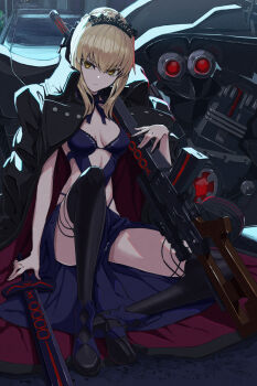 1girl artoria_pendragon_(fate) black_dress black_footwear black_thighhighs blonde_hair braid breasts coat coat_on_shoulders dress excalibur_morgan_(fate) fate/grand_order fate_(series) high_heels highres kamo_ashi looking_at_viewer saber_alter saber_alter_(swimsuit_rider)_(third_ascension) sitting sniper solo thighhighs tiara