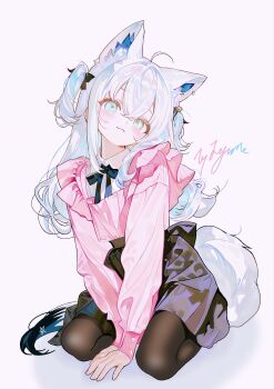 1girl :3 and66125072 animal_ear_fluff animal_ears black_bow black_bowtie black_pantyhose black_skirt blue_eyes bow bowtie commentary_request fox_ears fox_girl fox_tail highres hololive long_hair pantyhose shirakami_fubuki shirt simple_background skirt solo tail virtual_youtuber white_background white_hair white_shirt