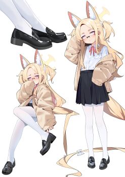 1girl :< absurdres animal_ear_fluff animal_ears bespectacled black_shoes black_skirt blonde_hair blue_archive blush bow brown_cardigan cardigan closed_mouth collared_shirt covering_own_mouth cross_halo extra_ears flower footwear_focus forehead fox_ears fox_girl fox_tail full_body furrowed_brow glasses hair_flower hair_ornament hair_over_shoulder half-closed_eyes halo hand_over_own_mouth hand_up highres invisible_chair knee_up loafers loli long_hair long_sleeves mary_janes multicolored_eyes multiple_views neck_ribbon open_cardigan open_clothes painterliuhao pantyhose pink_eyes pleated_skirt red_ribbon ribbon rimless_eyewear school_uniform seia_(blue_archive) shirt shirt_pocket shirt_tucked_in shoes simple_background sitting skirt sleeves_past_fingers sleeves_past_wrists solo standing tail tail_bow tail_ornament thighs twintails two-tone_eyes two_side_up very_long_hair very_long_tail white_background white_bow white_pantyhose white_shirt yellow_eyes yellow_halo