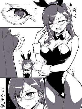 1boy 1girl adjusting_eyewear animal_ears arrow_(symbol) bow bowtie bulge commentary_request cowboy_shot detached_collar erection erection_under_clothes glasses greyscale hetero highres idolmaster idolmaster_cinderella_girls leotard long_hair monochrome multiple_views pantyhose pataneet playboy_bunny rabbit_ears rabbit_tail solo_focus strapless strapless_leotard tail translation_request upper_body wrist_cuffs yagami_makino