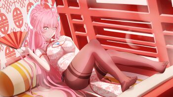 Rule 34 | 1girl, absurdres, aemeath (wuthering waves), ahoge, alternate costume, architecture, asutokun th, breasts, china dress, chinese clothes, cleavage, closed mouth, commentary, commentary request, dress, east asian architecture, english commentary, folding fan, grey pantyhose, hair ornament, hand fan, hands up, highres, holding, holding fan, long hair, looking at viewer, medium breasts, mixed-language commentary, orange eyes, pantyhose, pink hair, ponytail, sitting, smile, solo, star-shaped pupils, star (symbol), symbol-shaped pupils, toes, white dress, wuthering waves