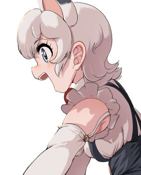 1girl animal_ears armpits blue_eyes bow bowtie elbow_gloves extra_ears garter_straps gloves highres kemono_friends leo_(kemono_friends) lion_ears lion_girl mcgunngu open_mouth shirt short_hair simple_background skirt sleeveless sleeveless_shirt solo suspenders upper_body white_gloves white_hair white_shirt