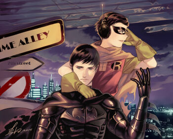 2001 2boys armor bat_(symbol) batman batman_(series) black_hair blue_eyes bruce_wayne cape city dc_comics dick_grayson domino_mask eye_mask family father_and_son gauntlets gloves headphones male_focus mask multiple_boys road_sign robin_(dc) sign verin