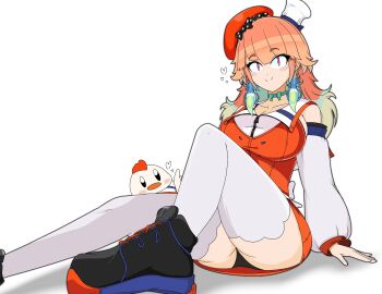absurdres bow bow_choker breasts chef_hat choker earrings feather_earrings feathers gradient_hair green_choker hat heart highres hololive hololive_english holomyth jewelry large_breasts looking_at_viewer multicolored_hair multiple_hats orange_hair orange_hat panties pantyshot sitting takanashi_kiara takanashi_kiara_(1st_costume) themastersos thighhighs underwear virtual_youtuber white_background white_thighhighs