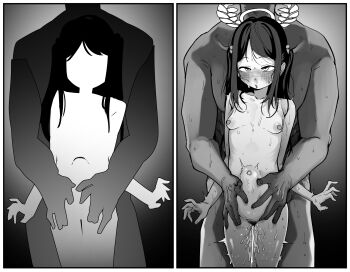 1boy 1girl airi_(blue_archive) asahina_yoshitoshi blue_archive blush breasts completely_nude female_pubic_hair greyscale halo hands_on_another&#039;s_stomach hetero highres long_hair monochrome navel nipples nude open_mouth pubic_hair sex sex_from_behind small_breasts solo_focus standing standing_sex stomach_bulge