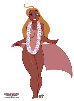 1girl ahoge artist_name artofpechi blonde_hair breasts collarbone colorized commentary completely_nude convenient_censoring cropped_legs english_commentary flower flower_necklace green_eyes highres holding_sarong jewelry large_breasts lei lifeguard_(lilo_&amp;_stitch) lilo_&amp;_stitch long_hair looking_at_viewer navel necklace nude parted_lips patreon_username phillipthe2 red_sarong sarong simple_background tan tanline thick_thighs thighs unworn_sarong watermark web_address white_background