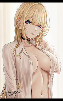 1girl absurdres black_choker blonde_hair breasts choker commentary_request earrings evelyn_chevalier hair_down hand_up highres jewelry large_breasts long_hair looking_at_viewer mole mole_under_eye navel open_clothes open_shirt parted_lips purple_eyes selcky solo stomach upper_body zenless_zone_zero