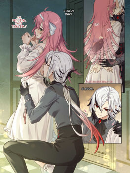 2girls absurdres aged_up alternate_costume arlecchino_(genshin_impact) ascot black_ascot black_eyes black_hands black_pants black_streaks blush bra cinnamyon clervie_(genshin_impact) colored_extremities commentary dress english_commentary english_text genshin_impact green_eyes grey_shirt hairband hand_on_another&#039;s_waist highres kiss kneeling licking_back multiple_girls pants peruere_(genshin_impact) pink_hair red_pupils shirt symbol-shaped_pupils underwear white_bra white_dress white_hair white_hairband x-shaped_pupils yuri