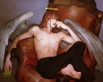 1boy 6_teh angel angel_devil_(chainsaw_man) angel_wings black_pants chainsaw_man collarbone feet food fruit grapes halo highres long_hair male_focus nipples no_shoes open_mouth pants ribs sitting soles solo teeth toes tongue topless_male traditional_halo white_wings wings