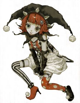 1girl :p baggy_shorts black_hair black_hat black_sleeves blue_eyes colored_skin commentary detached_sleeves dot_nose english_commentary full_body hair_ornament hat highres isa_(31q_13) jester jester_cap looking_at_viewer mismatched_irises multicolored_hair original red_hair short_hair shorts simple_background solo streaked_hair tongue tongue_out two-tone_hair white_background white_shorts white_skin x_hair_ornament