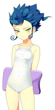 Rule 34 | 1089666666, 1girl, bad id, bad pixiv id, blue hair, female focus, female pubic hair, gender request, genderswap, inazuma eleven (series), inazuma eleven go, one-piece swimsuit, ouse (otussger), pubic hair, pussy, see-through clothes, simple background, solo, swimsuit, tsurugi kyousuke, white background, yellow eyes