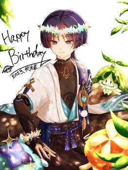 1boy 2023 anemo_symbol_(genshin_impact) aranara_(genshin_impact) armor arms_at_sides belt black_belt black_bodysuit black_bow black_bridal_gauntlets blue_flower blue_gemstone blue_kimono blue_sleeves blunt_ends bodysuit bow bridal_gauntlets bright_pupils cape character_name closed_mouth creature eyeliner eyeshadow feathers flower flower_wreath furisode gem genshin_impact gold gold_ring happy_birthday highres japanese_armor japanese_clothes juban kimono kote kurokote layered_sleeves leaf light_blush looking_at_creature makeup male_focus mandarin_collar middle_ring open_clothes open_hand open_kimono outdoors pink_flower pom_pom_(clothes) pon_oi4 purple_cape purple_eyes purple_hair purple_rope purple_sash red_eyeliner red_eyeshadow rope sash scaramouche_(genshin_impact) short_sleeves shoulder_peek sitting sitting_on_branch smile sweatdrop tassel tsurime twitter_username wanderer_(genshin_impact) white_background white_kimono white_pupils white_sleeves white_trim wispy_bangs yellow_feathers yellow_flower