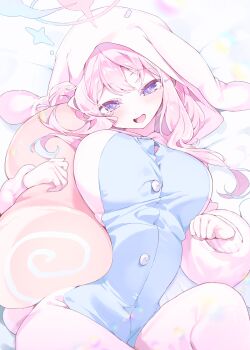1girl :d absurdres alternate_costume animal_ears animal_hood blue_archive blue_halo blush breasts commentary fake_animal_ears gradient_halo halo highres hood hood_up hugging_object knees_up large_breasts long_hair looking_at_viewer lying meunhongcha mika_(blue_archive) multicolored_halo open_mouth pajamas pink_hair pink_halo purple_eyes rabbit_ears rabbit_hood rabbit_pajamas smile solo stuffed_food stuffed_toy symbol-only_commentary two-tone_halo
