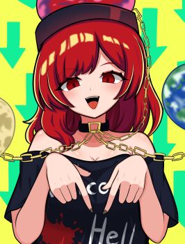 1girl :d absurdres akatsuki_records armpit_crease arrow_(symbol) bare_shoulders black_choker black_shirt breasts chain choker cleavage clothes_writing commentary_request earth_(ornament) hands_up hecatia_lapislazuli highres kukurukurukuru leash looking_at_viewer medium_breasts medium_hair moon_(ornament) off-shoulder_shirt off_shoulder open_mouth pointing pointing_down red_eyes red_hair shirt smile solo teeth touhou underworld_(ornament) upper_body upper_teeth_only
