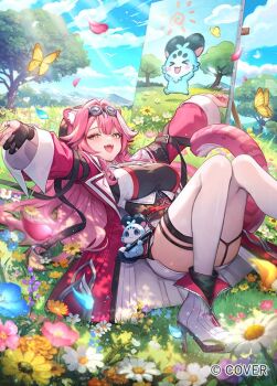 1girl animal_ears artist_glove ascot beret black_corset black_gloves black_hat black_tube_top boots breasts bug butterfly canvas_(object) chattino_(raora_panthera) cloud cloudy_sky collared_halterneck colored_shoe_soles commentary_request company_name copyright_notice corset easel falling_petals field fingernails flower flower_field fold-over_boots garter_straps gloves goggles goggles_on_head hair_between_eyes hair_intakes hat high_heel_boots high_heels hololive hololive_english insect jacket jewelry knees_together_feet_apart knees_up large_breasts long_hair long_sleeves looking_at_viewer multicolored_hair nib_pen_(object) official_art on_grass open_clothes open_jacket open_mouth outdoors outstretched_arms painting_(object) panther_ears panther_tail partially_fingerless_gloves pbj_(gelgelpbj) pen petals pink_hair pink_jacket raora_panthera raora_panthera_(1st_costume) ring short_shorts shorts single_garter_strap sky smile solo strapless streaked_hair tail thighhighs tree tube_top vest virtual_youtuber white_ascot white_boots white_hair white_shorts white_thighhighs white_vest yellow_eyes