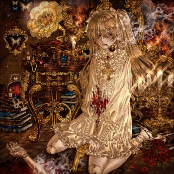 1girl absurdly_detailed_composition animal_ears blonde_hair blood blood_on_clothes blood_on_ground book book_stack bottle bug butterfly candle candlestand commentary corpse cross cross_necklace doll_joints dress fire flower frilled_dress frills gun highres holding holding_gun holding_weapon insect jewelry joints kneeling long_hair maruyamaboukyo monocle necklace on_floor one_side_up original perfume_bottle red_eyes red_flower red_rose rose smoke smoking smoking_barrel smoking_pipe smoking_pipe_in_mouth solo taxidermy very_long_hair weapon white_dress